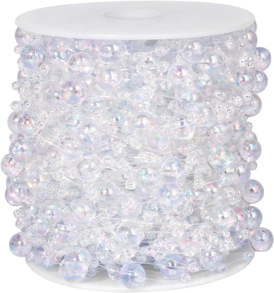 98FT Pearl Beads String Garland, 8mm 3mm Iridescent Faux Pearl Beads Roll Strand Bulk for Wedding