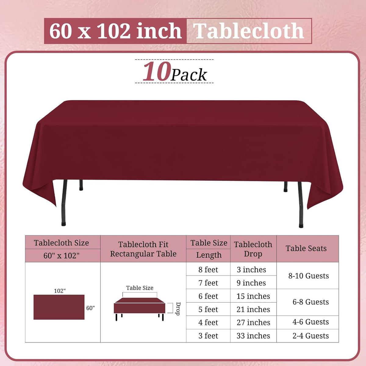 10 Pack Burgundy Tablecloths for 6ft Rectangle Tables 60 x 102 Inch - Polyester Table Cover Stain