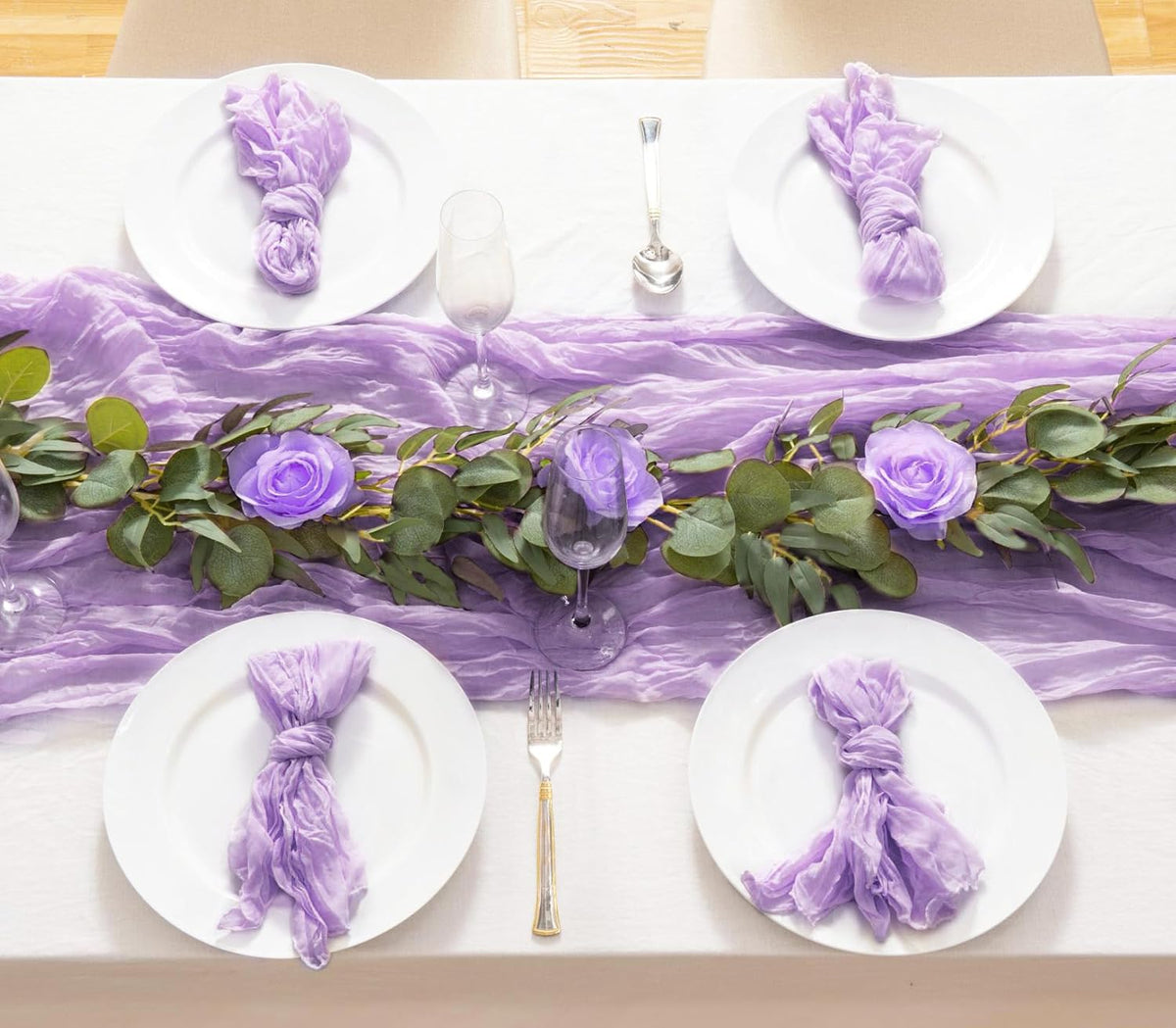 8 Pack 10Ft Table Runner 35x120 inch Purple Boho Gauze Table Cheese Cloth Long Wrinkled Sheer Table