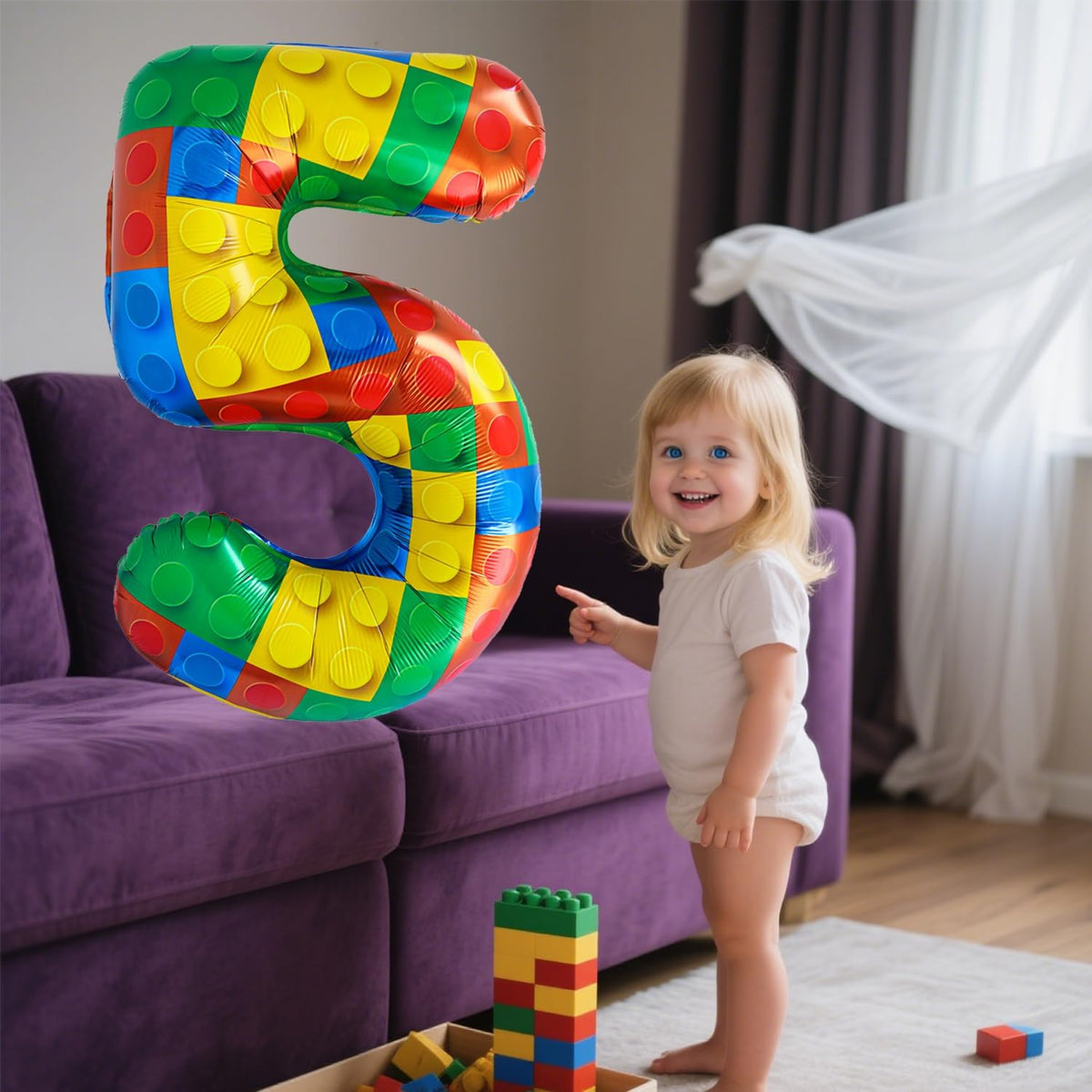 32 Inch Stackable Block Number Balloon – Colorful Brick Building Themed Big Helium Digits for Kids