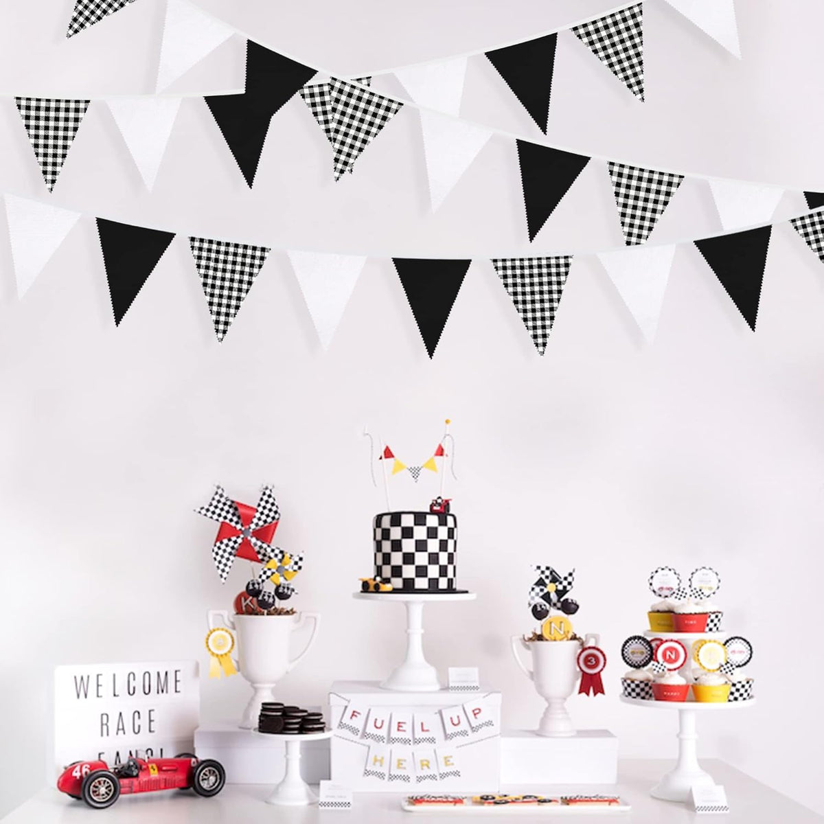 32Ft Black Party Decorations Black Buffalo Plaid Checkered White Triangle Flag Gingham Pennant