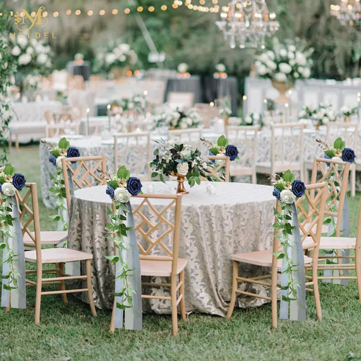 Meldel 10Pcs Elegnat Wedding Chair Back Decorations Aisle Artificial Blue White Rose Flowers