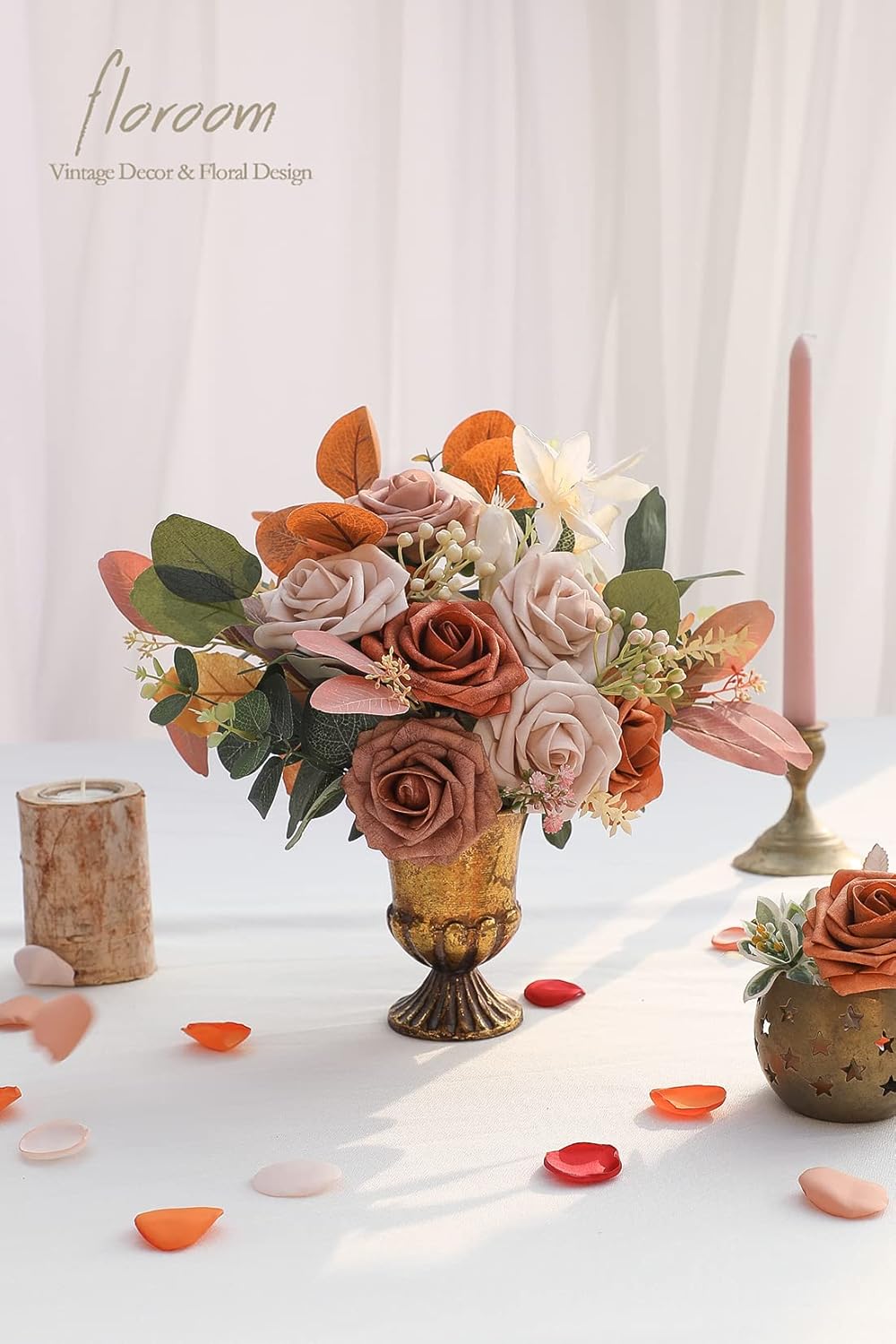 Floroom Artificial Flowers 25pcs Real Looking Burnt Orange Ombre Colors Foam Fake Roses with Stems