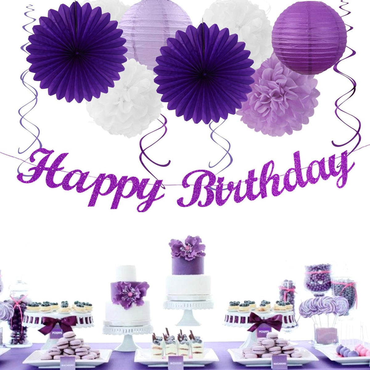 Purple-Lilac Lavender-White Happy Birthday Party-Decorations - 31pcs 20th Women Girls Paper