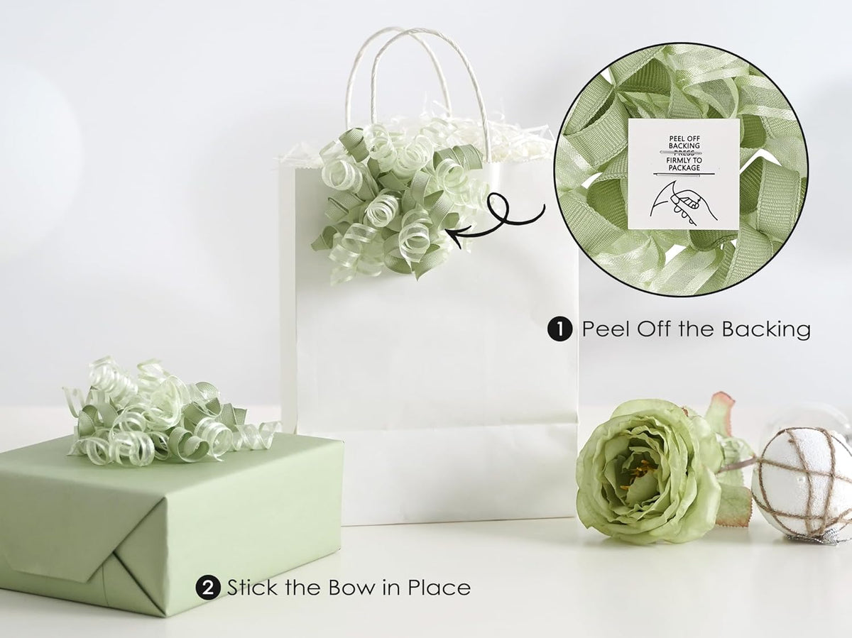 HUIHUANG Green Bows for Gift Wrapping Sage Green Gift Bows 5 inch x 8 Counts Self-Adhesive Curly
