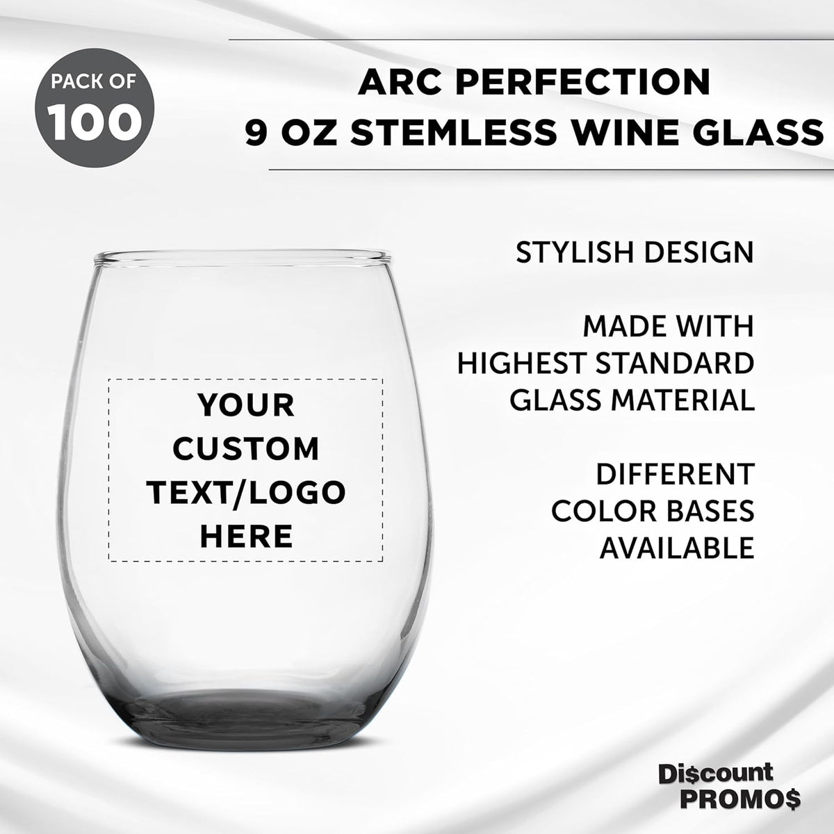 Custom Stemless Wine Glass 9 oz. Set of 100, Personalized Bulk Pack - Great for Wedding Favors