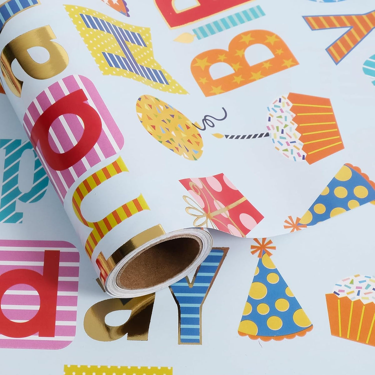 Aimyoo Blue Birthday Wrapping Paper Roll - 17 Inch X 16.4 Feet - Gold Foil Happy Birthday Lettering