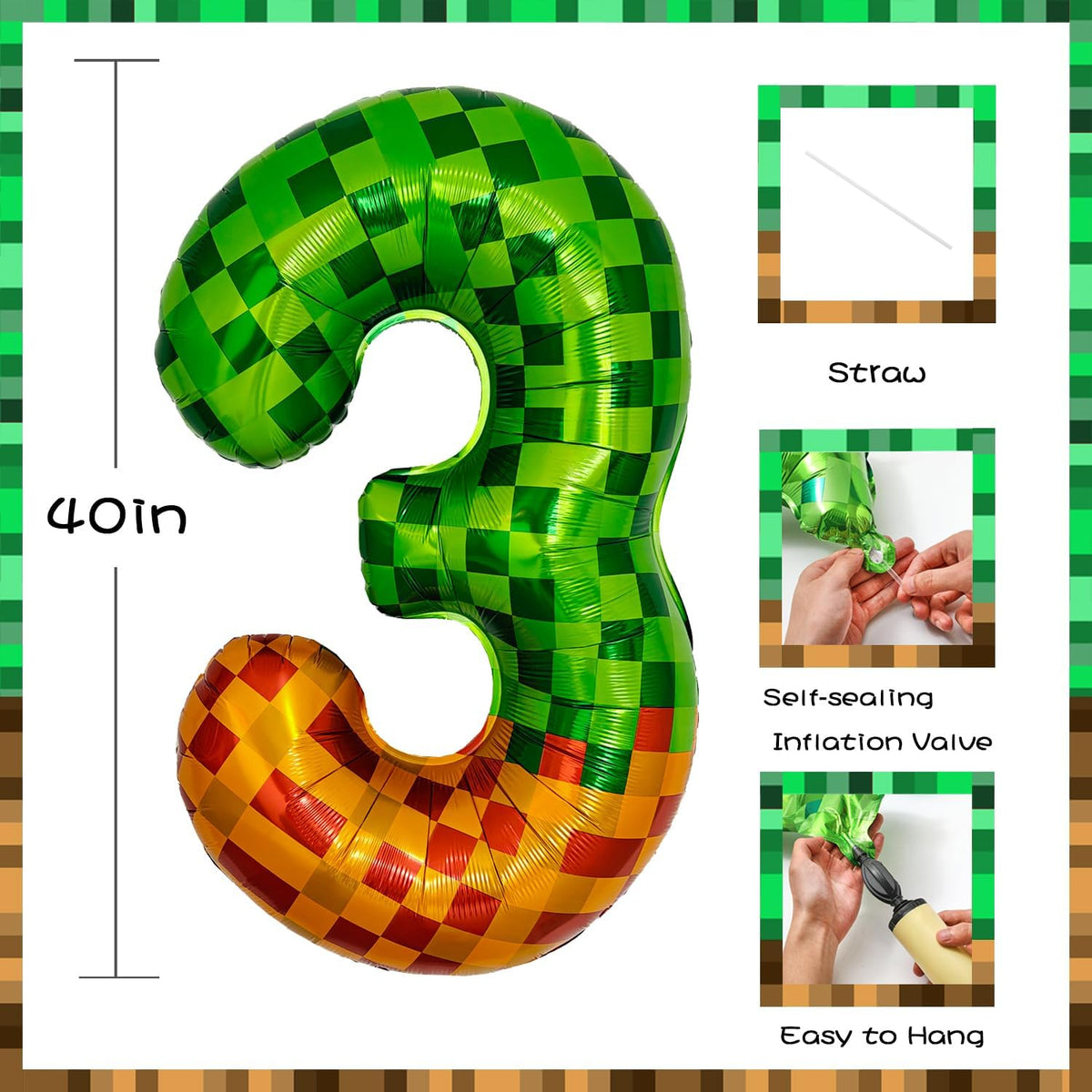 Pixel & TNT Theme 40in Giant Number Balloons - Foil Mylar Birthday Party Decorations for Kids