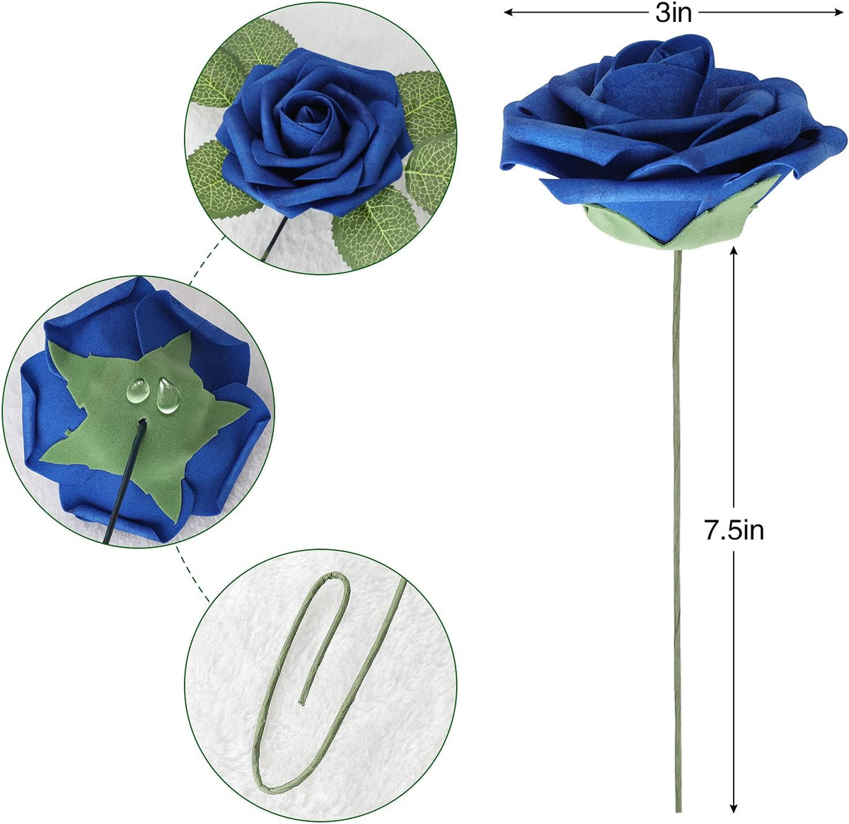 AmyHomie Artificial Flower Royal Blue Rose 25pcs Real Looking Fake Roses w/Stem for DIY Wedding