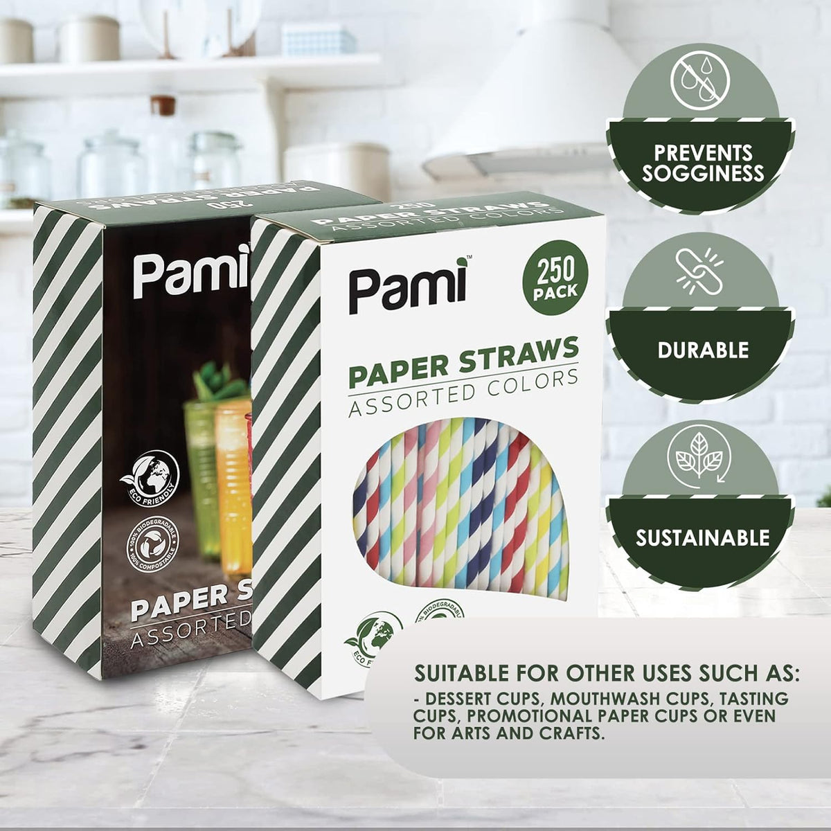 PAMI 250-Pack Compostable Paper Straws for Drinking, Assorted Colors Including Pink, Pfas