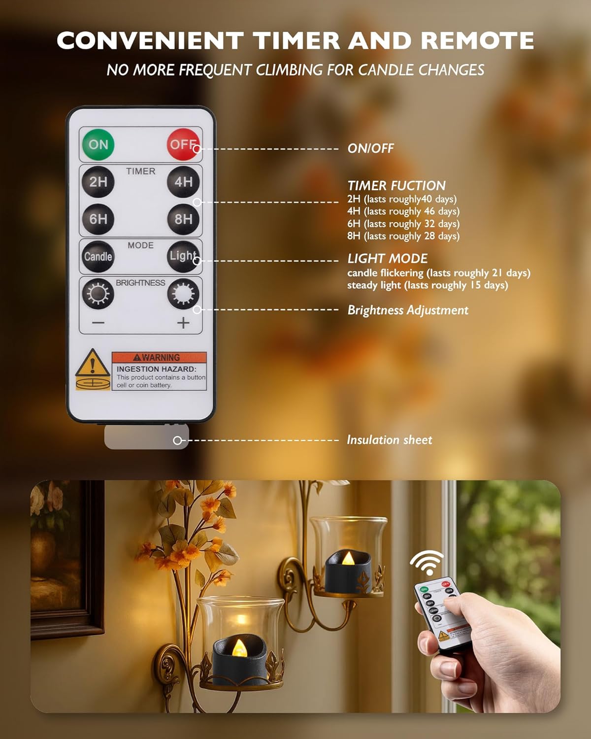 Homemory 12pcs Black Remote Timer LED Tea Lights Candles, 400+Hours Flickering Flameless Battery