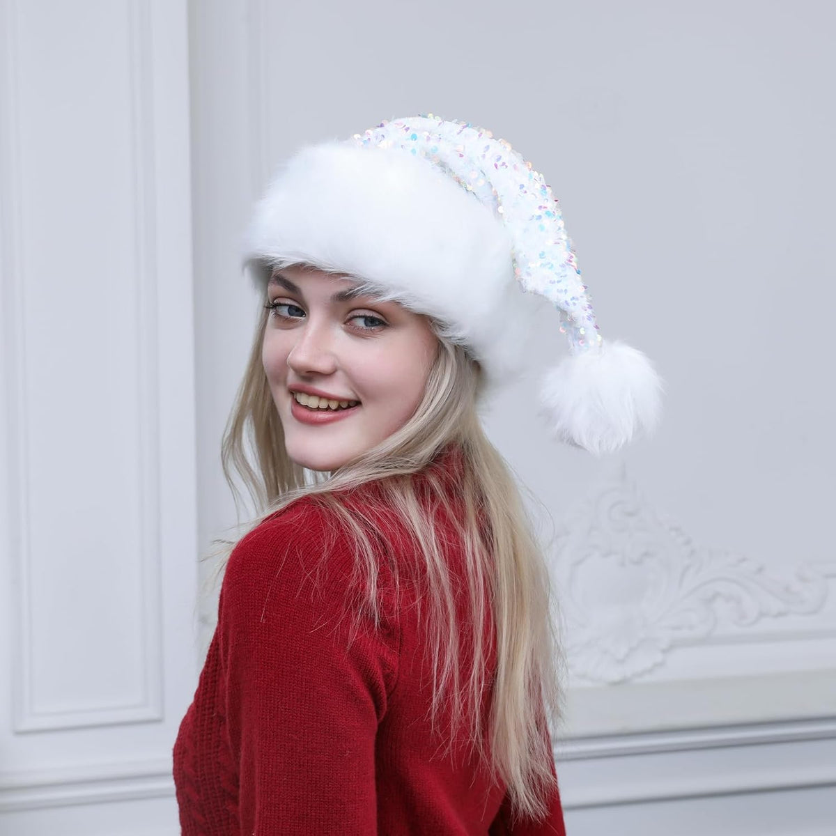 Personalized Sequin Santa Hat for Adults, Red Glitter Christmas Party Hat, Xmas Halloween New Year