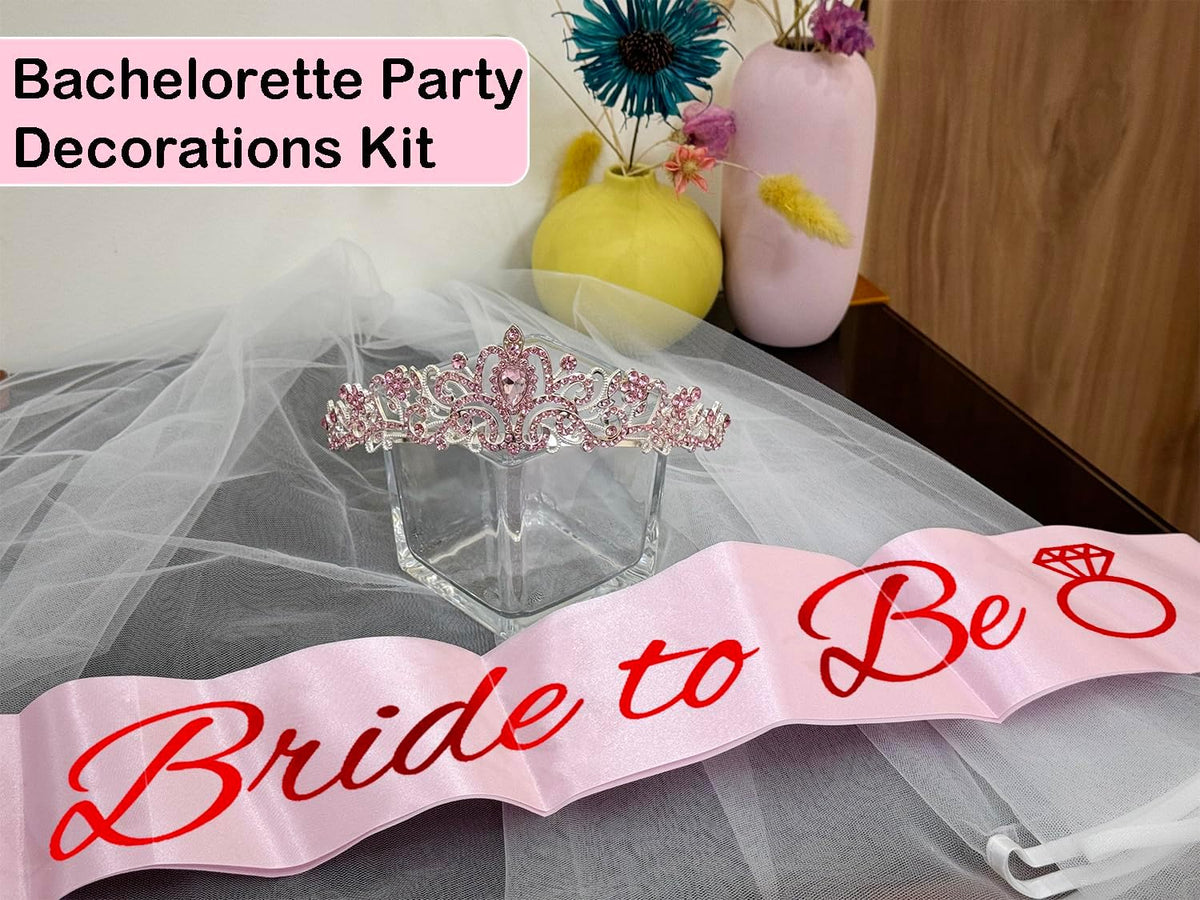 JETKONG 3 Pcs Bachelorette Party Decorations Bridal Shower Crown, Bride to Be Sash&Veil for Women
