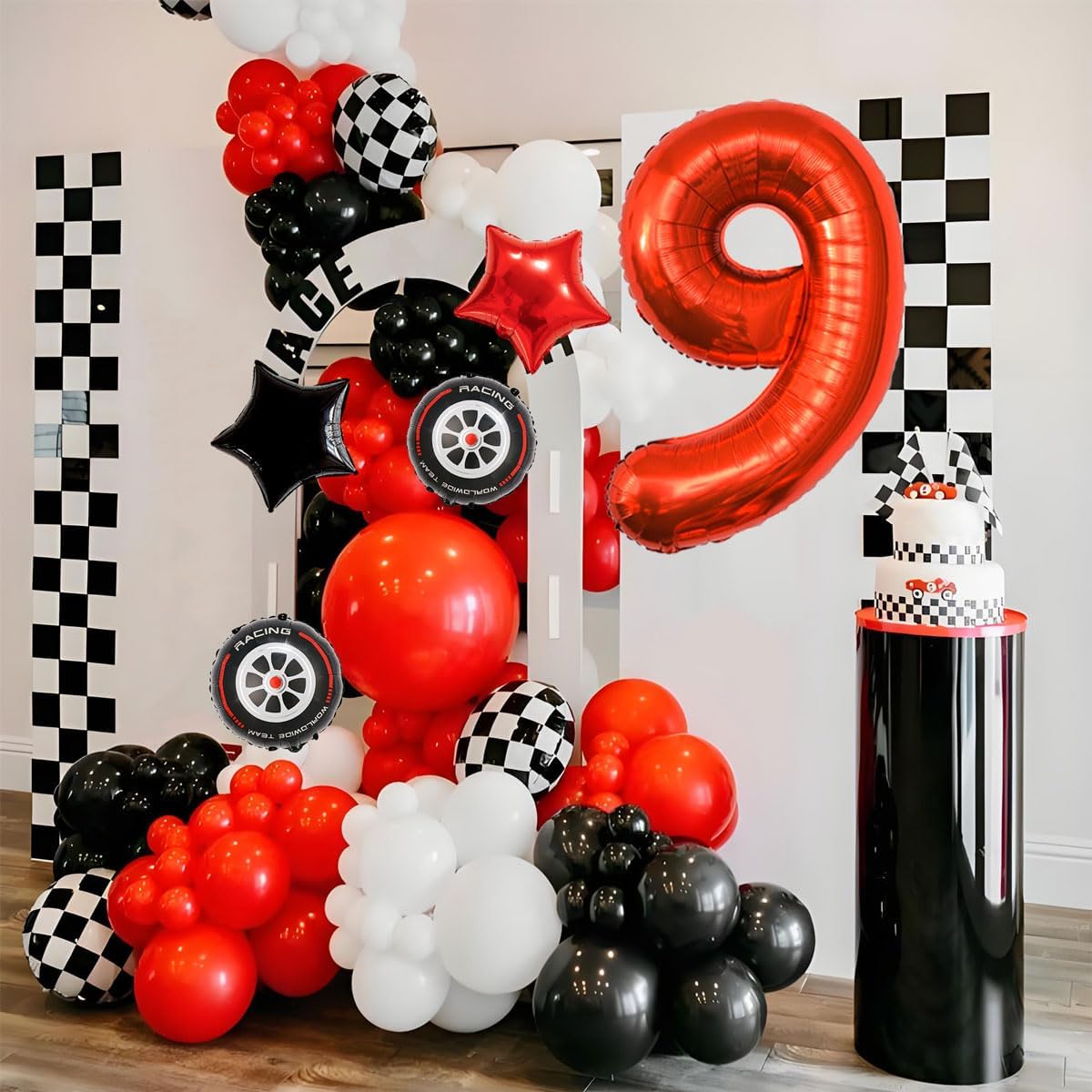 Race Car Birthday Party Decorations - 40 Inch Mylar Red Number 9 Balloons - Black Foil Checkered