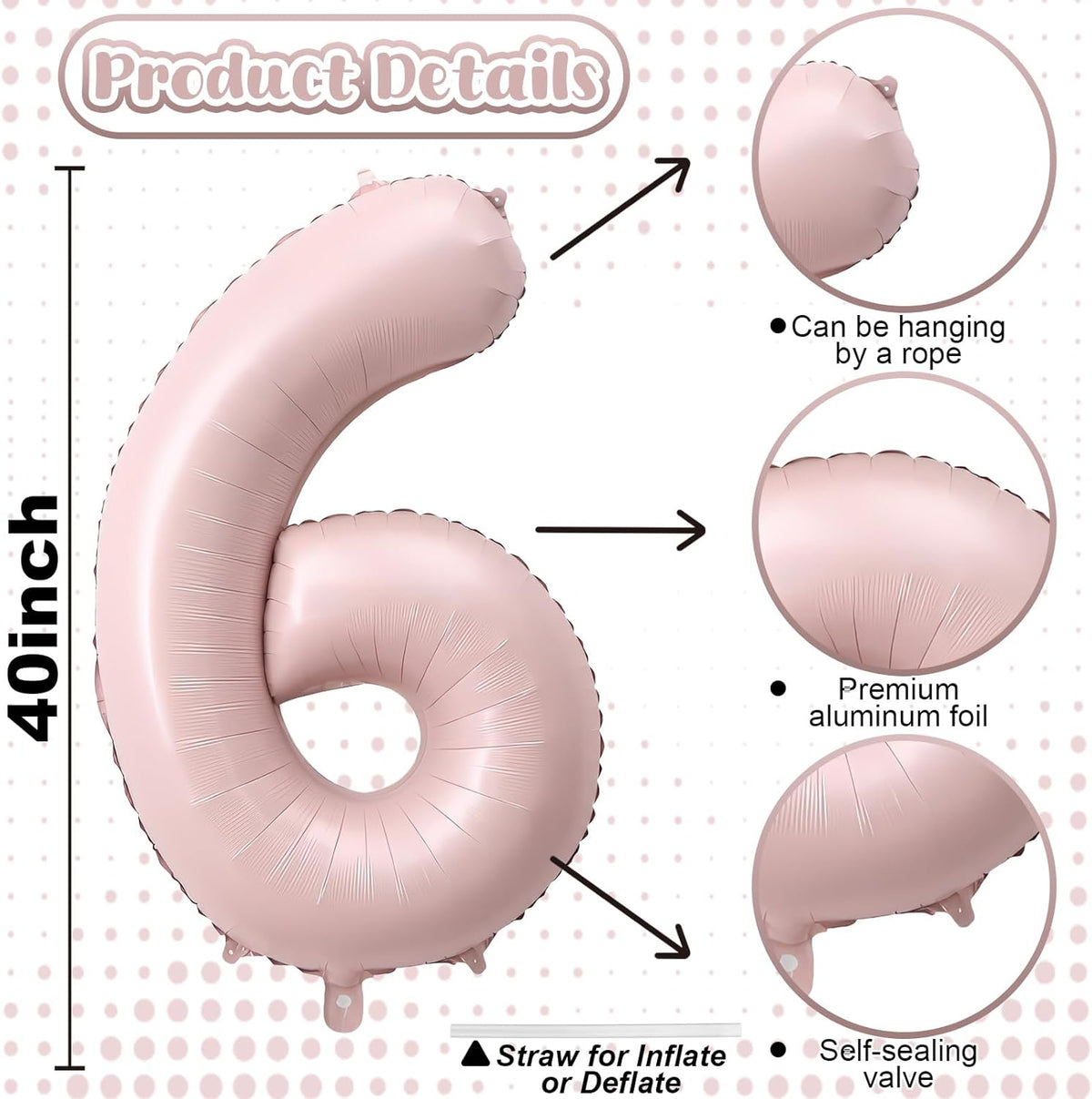 Light Pink Number Balloon 6, 40 Inch Large Self Inflating 6 Foil Number Balloons 0-9, Blush Pastel