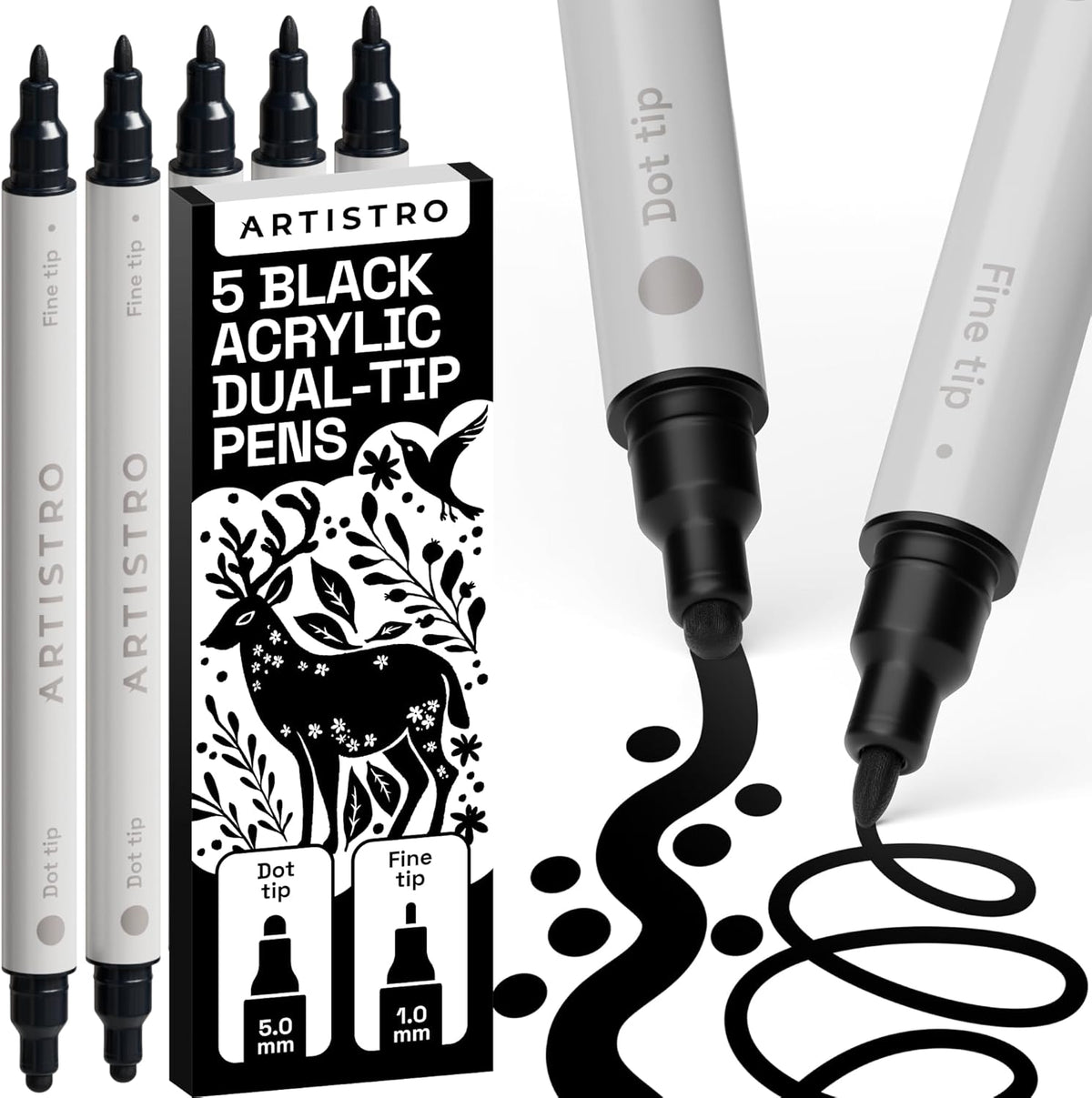 ARTISTRO 5 Black Dual-Tip Acrylic Paint Pens for Rock, Ceramic, Glass, Wood, Fabric - Black Markers