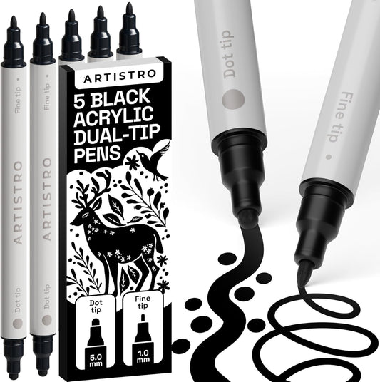 ARTISTRO 5 Black Dual-Tip Acrylic Paint Pens for Rock, Ceramic, Glass, Wood, Fabric - Black Markers
