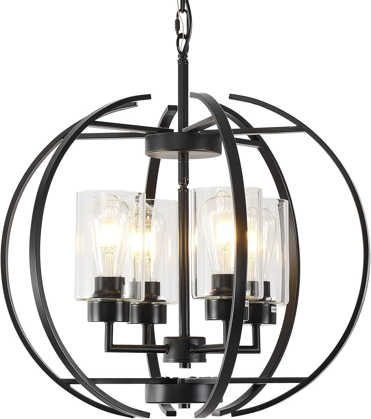 Black Chandelier Lighting with Clear Glass for Dining Room, Farmhouse Hanging Lighting, 4 Lights