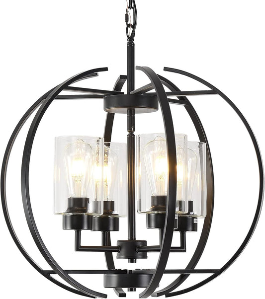 Black Chandelier Lighting with Clear Glass for Dining Room, Farmhouse Hanging Lighting, 4 Lights