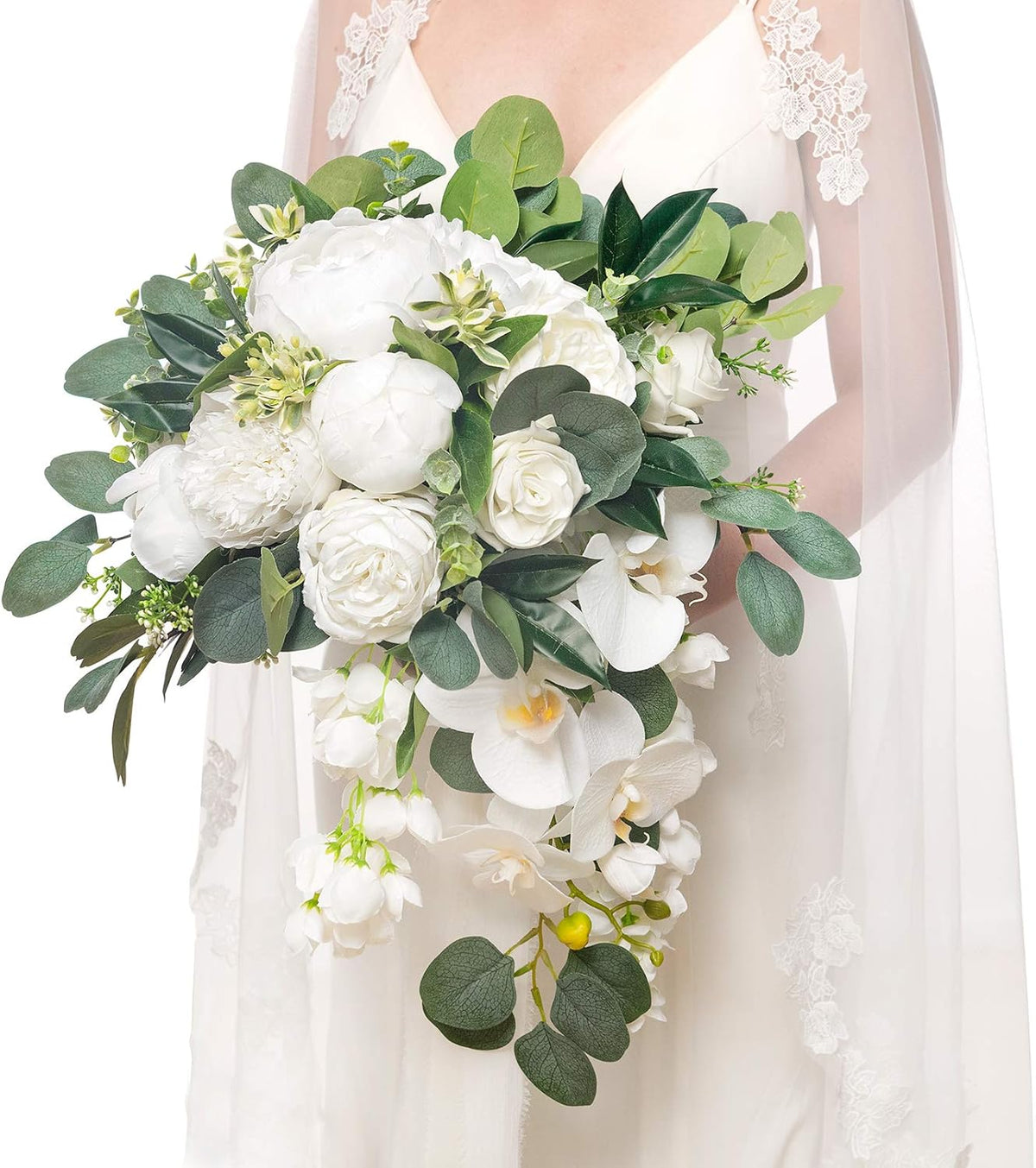 Ling's moment White Bridal Bouquet Cascading, White Wedding Bouquets for Bride, 13 Inch Ivory Bride