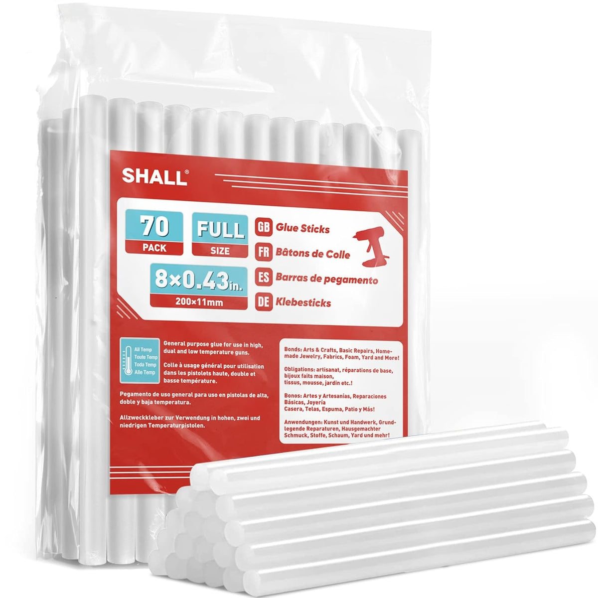 SHALL Full Size Hot Glue Sticks, 0.43??Dia x 8??Long, 70-Pack Clear Hot Melt Glue Gun Sticks for