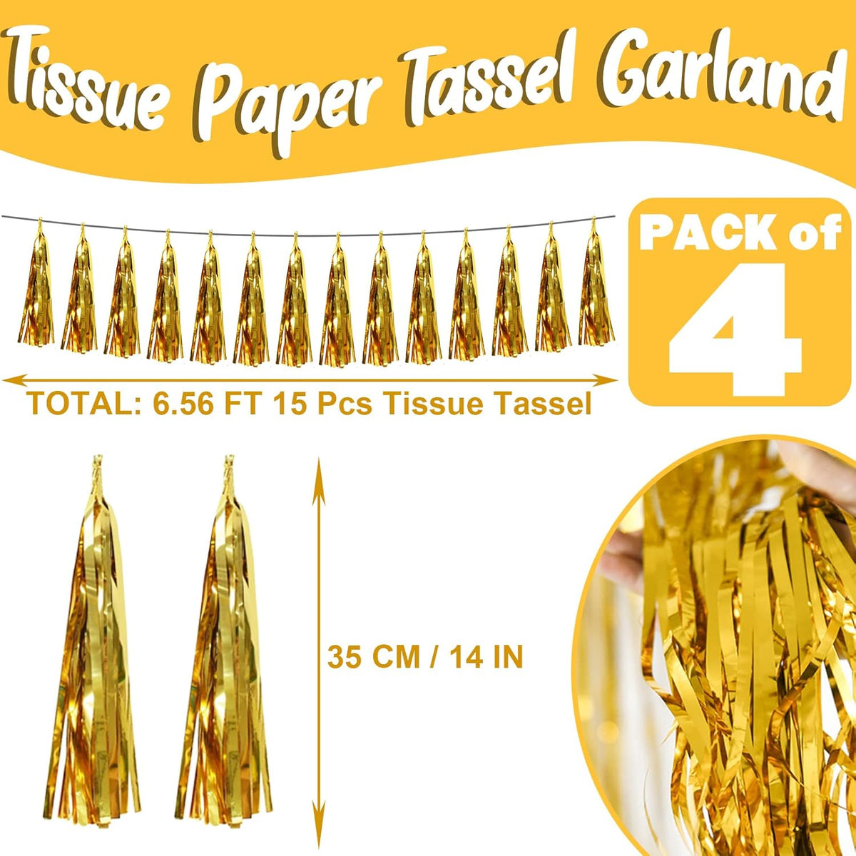 4P Gold Foil Fringe Metallic Tassel Streamers Banner Tassel Garland for Parade Floats