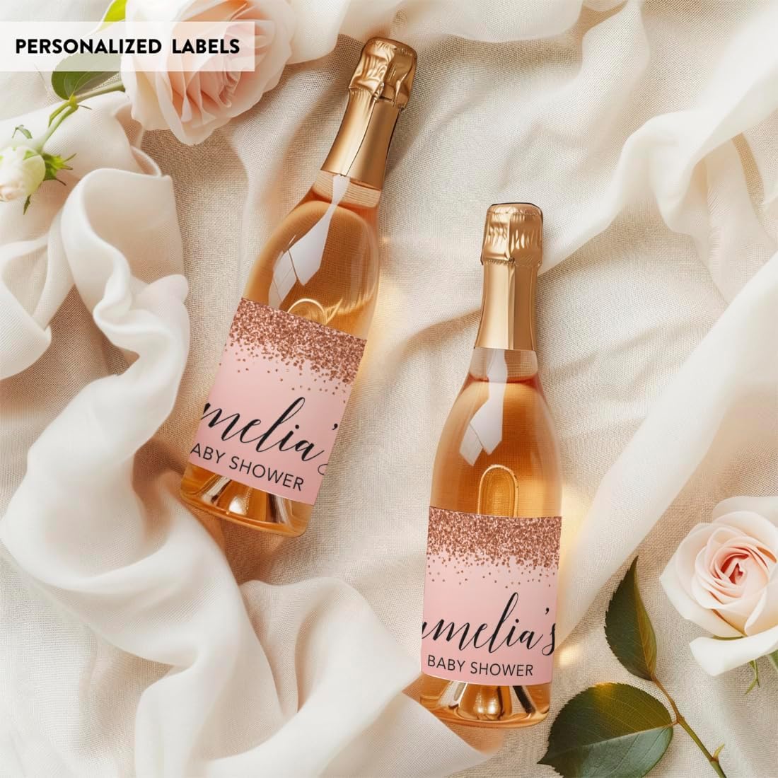 Andaz Press Personalized Mini Champagne Wine Bottle Labels, Amelia's Baby Shower, Blush Pink Faux
