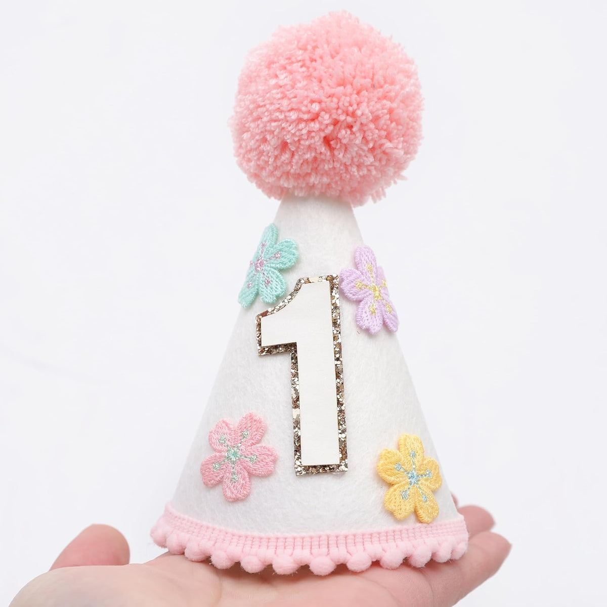 WAUAO Colorful Flower 1st Birthday Cone Hat for Girls - Cute & Adorable Floral Crown, First