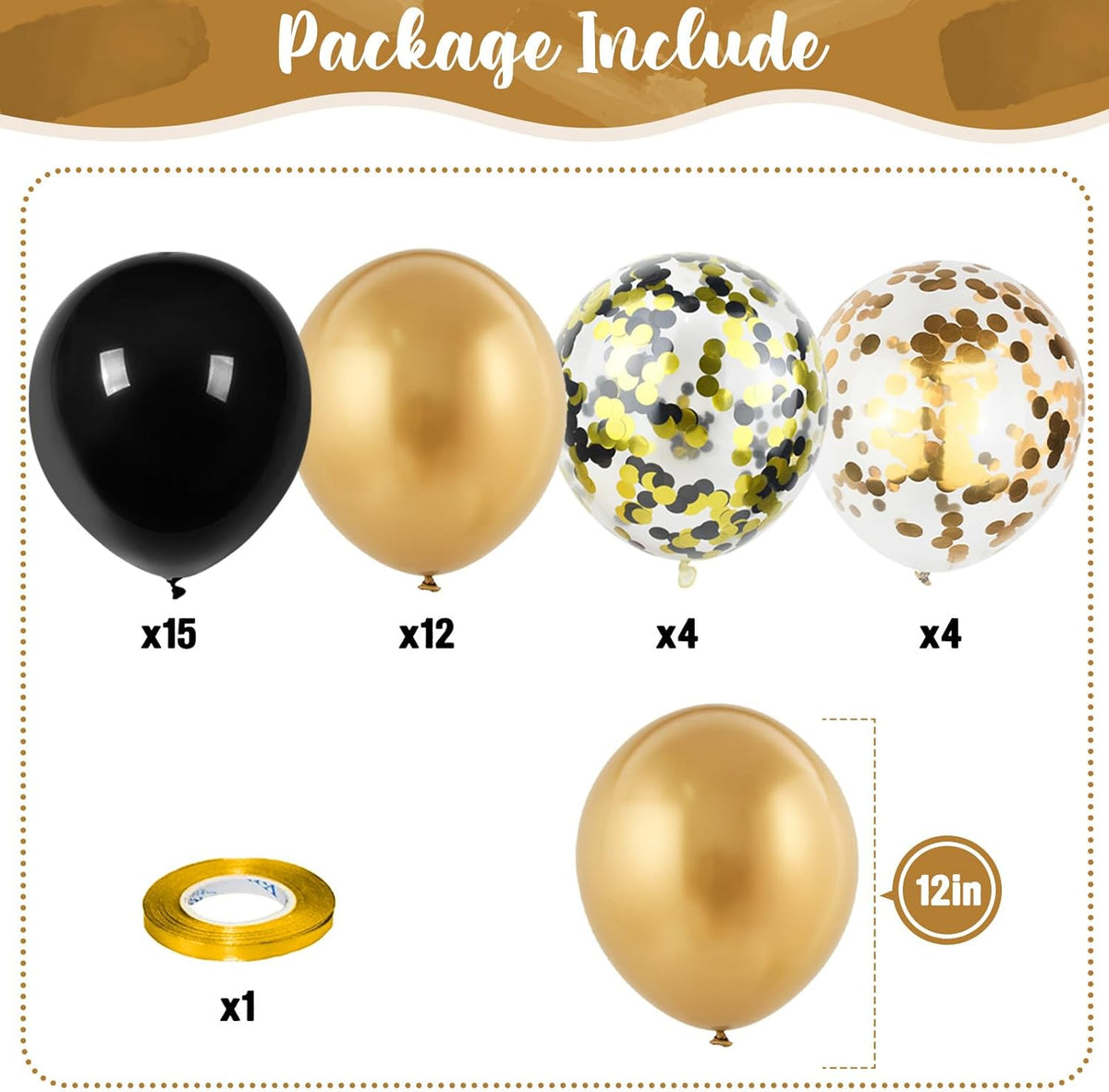 Black and Gold Confetti Balloons, 12 Inch Black Metallic Gold Confetti Latex Balloons, Black Golden