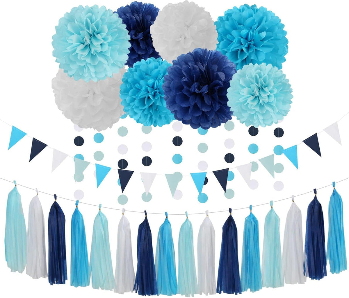 Light-Royal Navy-Blue White Pom-Poms Streamers - 30pcs Under The Sea Frozen