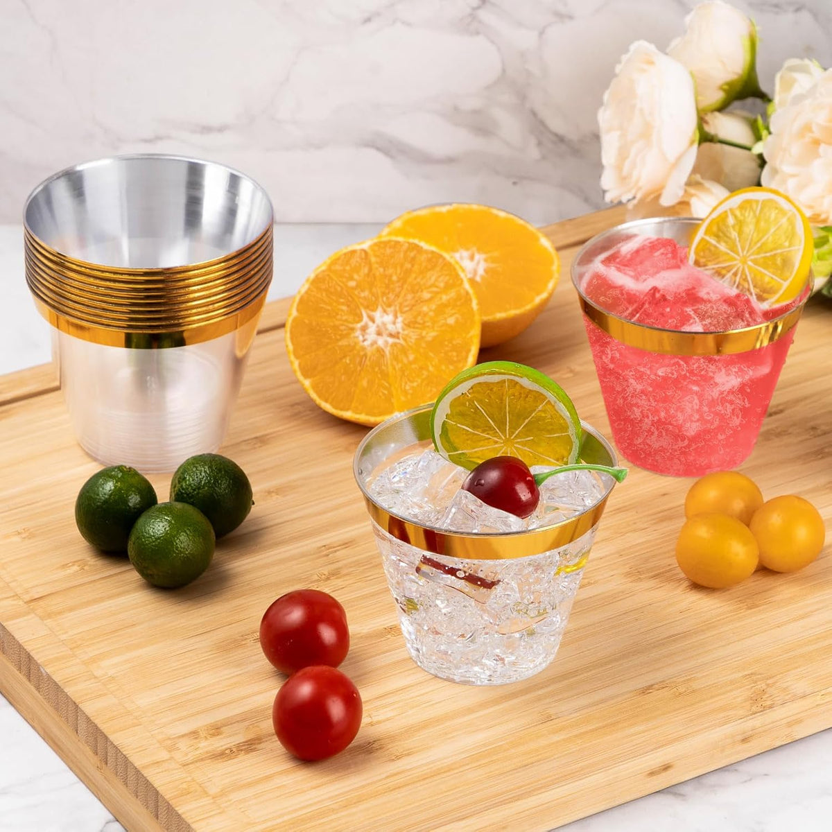 Goodluck 50PCS 9oz Gold Disposable Cups, Plastic Cups with Gold Rim, Cocktail Cups for Wedding