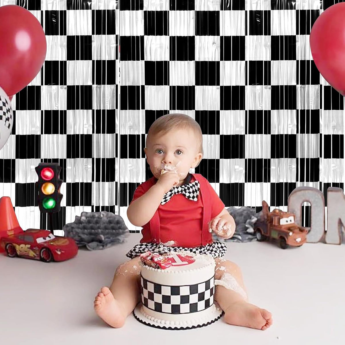 3 Pack 3.3Ft x 6.6Ft Race Car Checkered Foil Fringe Curtain Backdrop Decorations, Black White