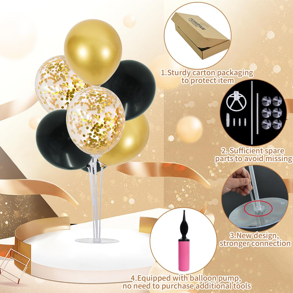 TONIFUL 6 Set Balloon Centerpieces for Table Black Gold Confetti Balloon Stand Kit for 2025