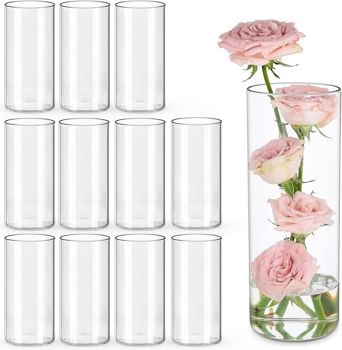 12pcs Glass Cylinder Vases for Centerpieces | 8 Inch Clear Flower Vase for Wedding Decorations