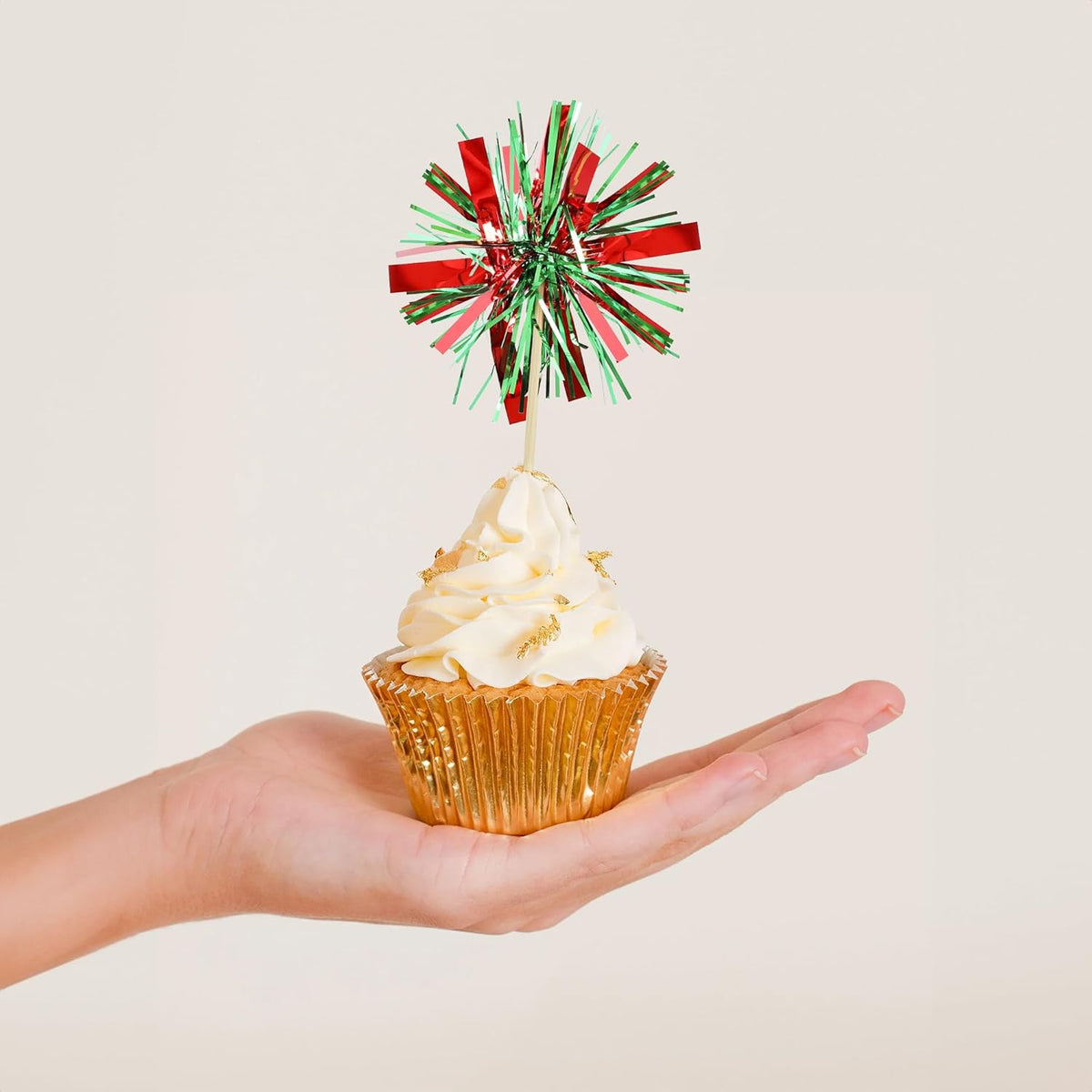 Gyufise 20Pcs Foil Firework Cupcake Toppers Happy Birthday Cake Toppers Tinsel Flower Drink