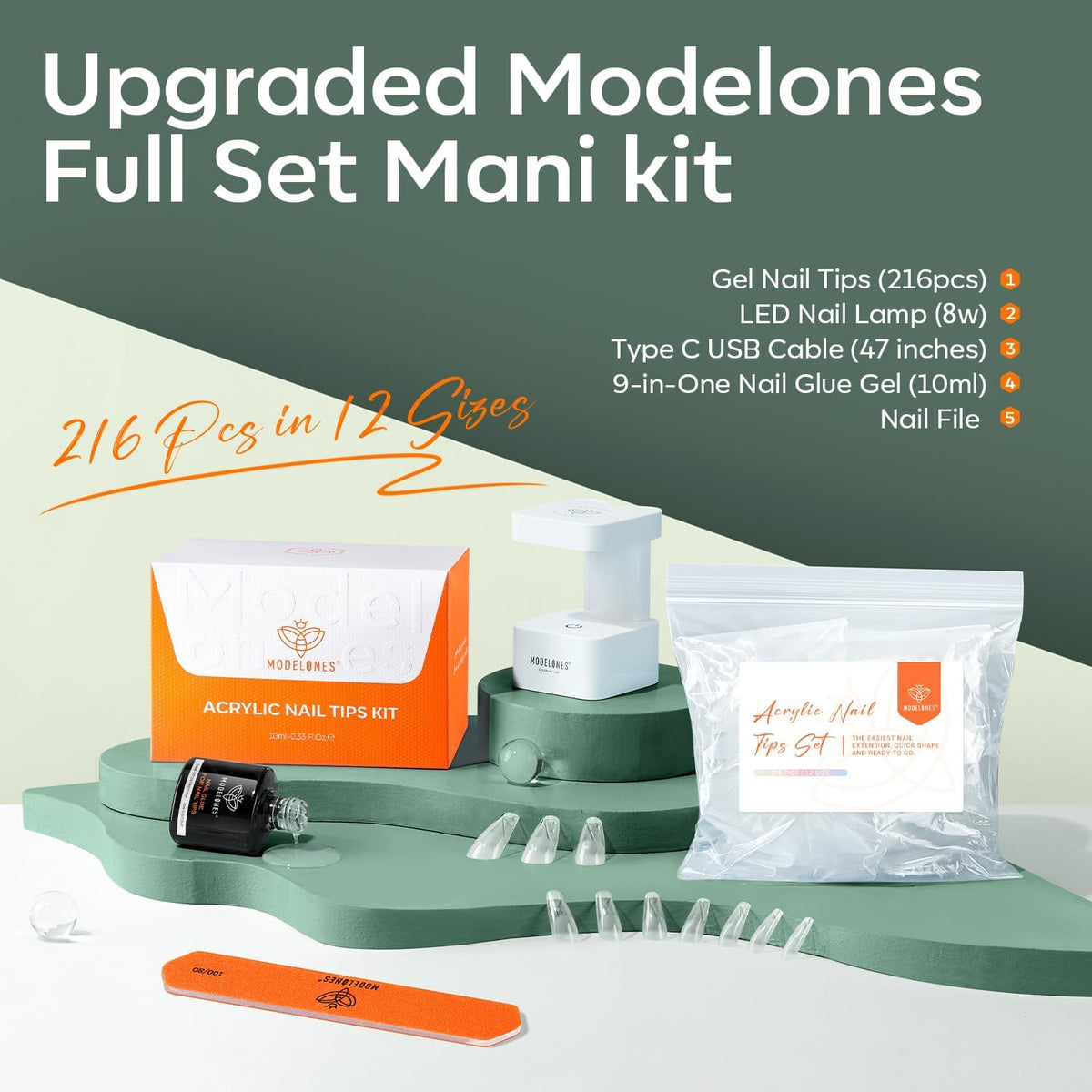 modelones Medium Coffin Gel Nail Tips Kit, 9-in-One Nail Glue with Portable U V Lamp 216Pcs 12Sizes