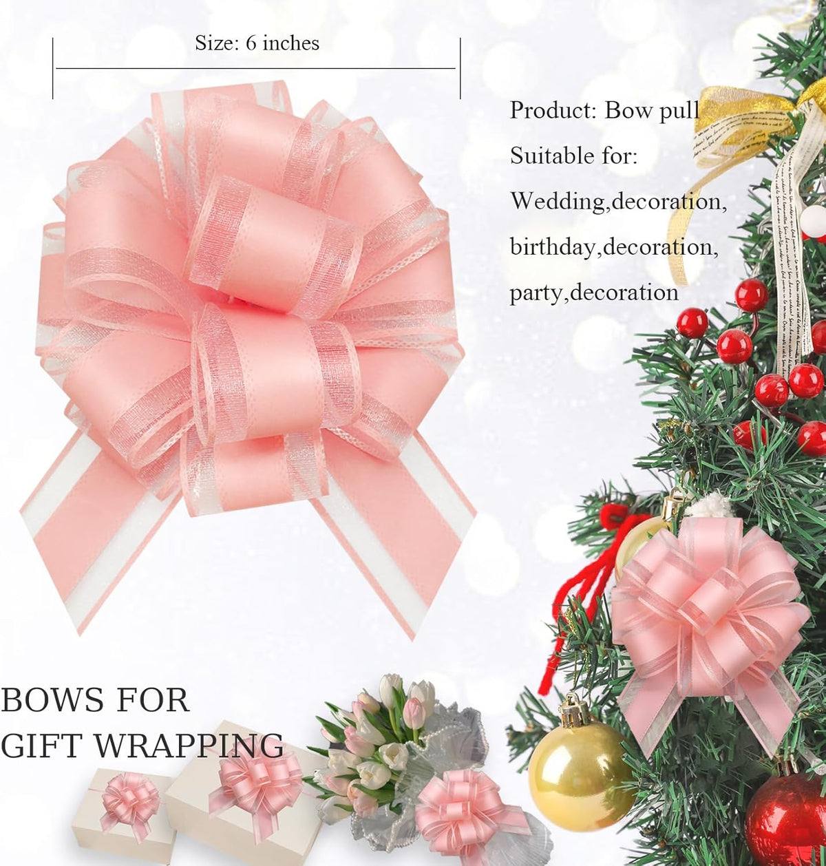 ZhXu Shuo 6 Pieces Large Pull Bows, 6 inches, Organza Fabric, Pink, Wedding & Birthday Occasion