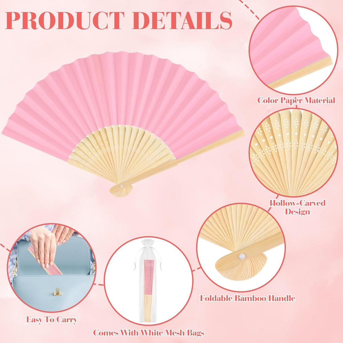 12 Pieces Pink Hand Held Bamboo Folding Fans Paper Fans Handheld for Women Foldable Girls Wedding