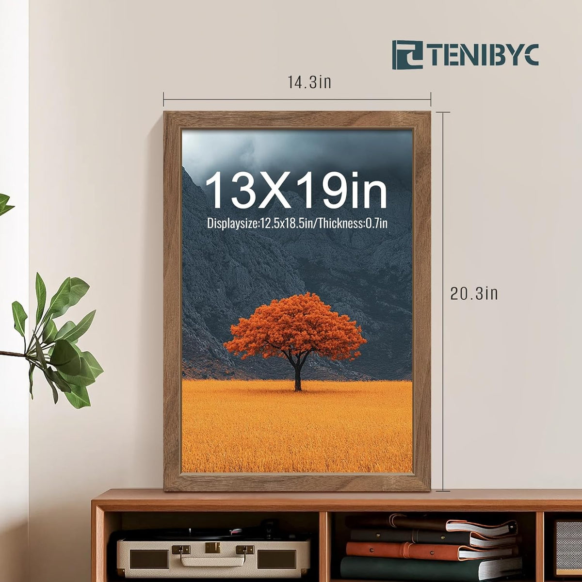 13x19 Picture Frame Set of 4, Textured Walnut Wood & HD Tempered Glass, Brown 19x13 Poster Frame