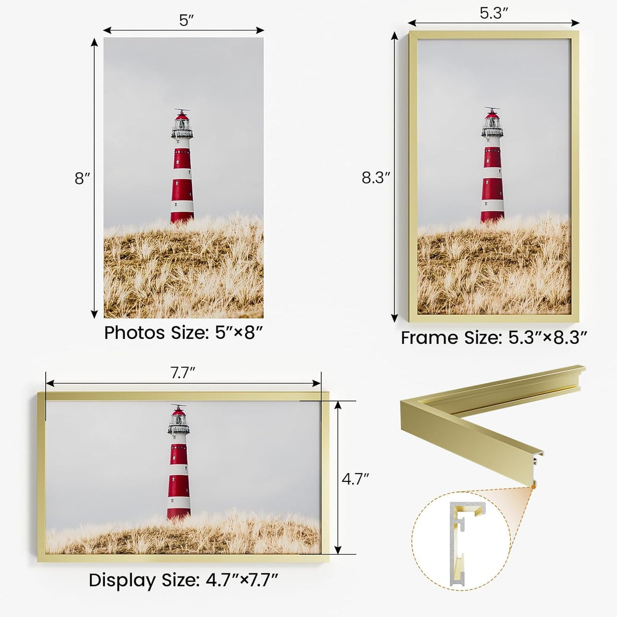 5x8 Aluminum Metal Picture Frame,Tempered Glass Gold Photo Frame 5x8 for Family