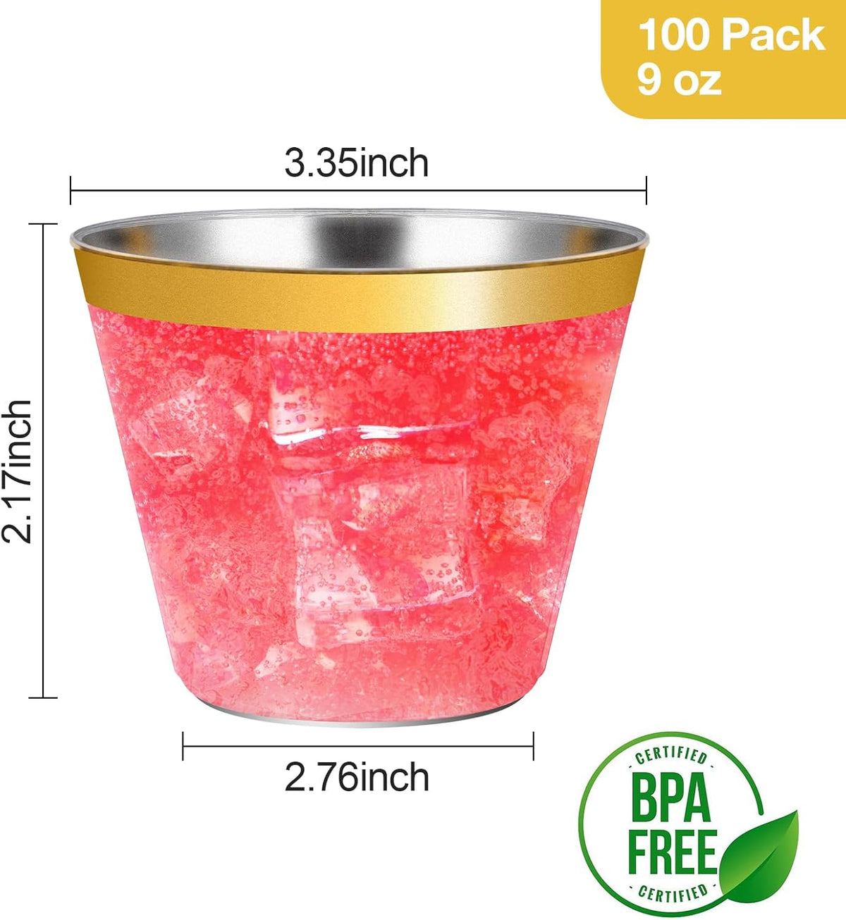 Goodluck 100PCS 9oz Gold Plastic Cups for Party, Disposable Gold Rim Cups, Plastic Cocktail Glasses