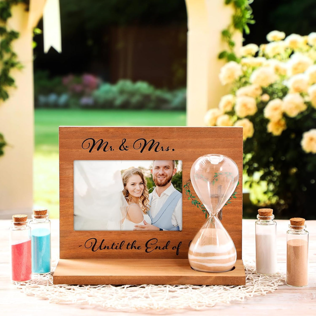 Blosssound Wedding Sand Ceremony Set Wooden Photo Frame, Hourglass Funnel, Sand, Glass Bottles, Mr