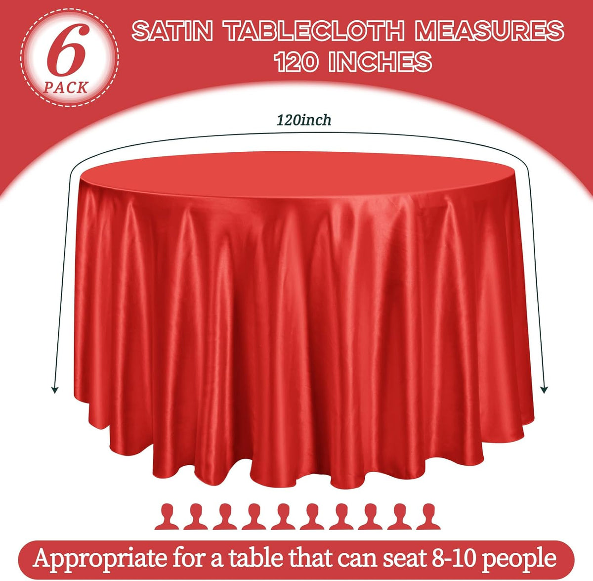 fani 6 Pack 120 Inch Red Satin Tablecloth - Premium Bright Silky Round Tablecloth Overlay Smooth