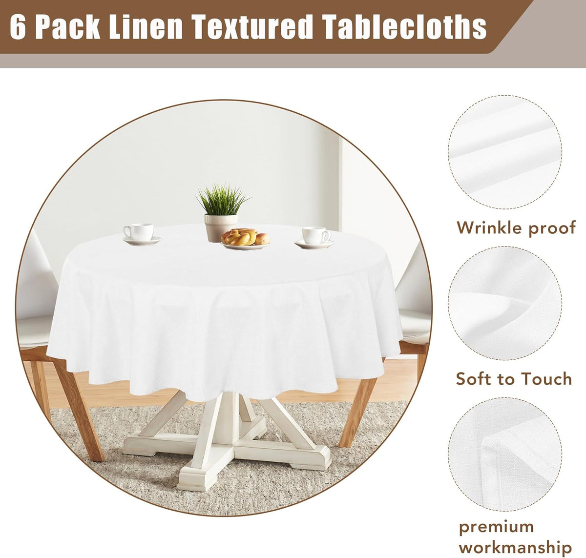 Fitable Faux Linen Round Tablecloths 90 Inch, 6 Pack - Fabric Textured Table Clothes for Round