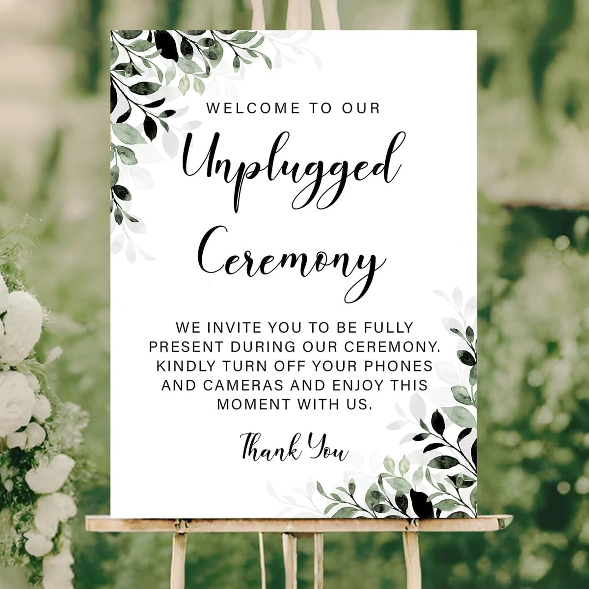 Unplugged Ceremony Wedding Sign – Elegant Greenery Design for Outdoor Weddings – Turn Off Phones &