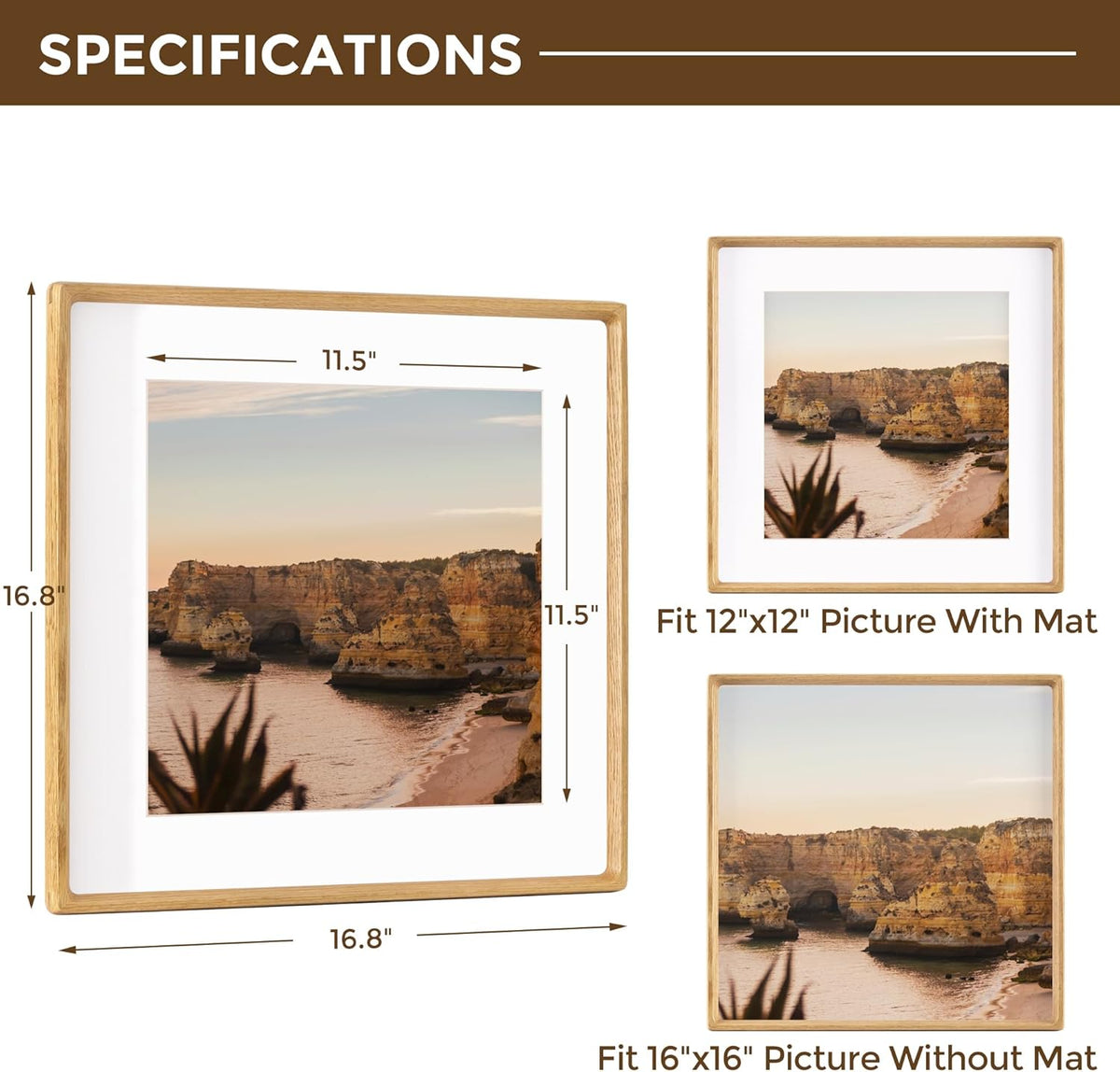 16x16 Picture Frame USA-Sourced Natural White Oak Wood Solid Original Wood Photo Frame Rounded