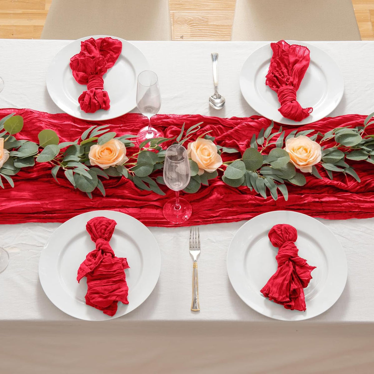 6 Pack 10ft Red Cheesecloth Table Runner 21x120 Inch Boho Wrinkled Sheer Romantic Gauze Decor for