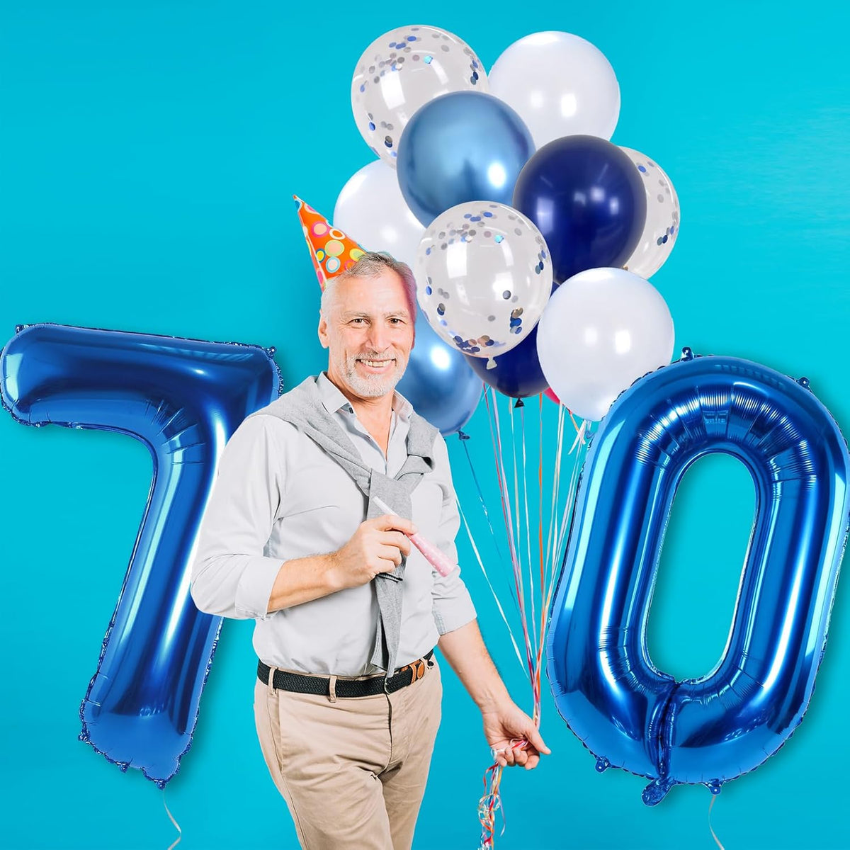 Giant Number Foil Balloon 70, Dark Blue Self Inflating 70th Birthday Balloon for Men, 40'' 70