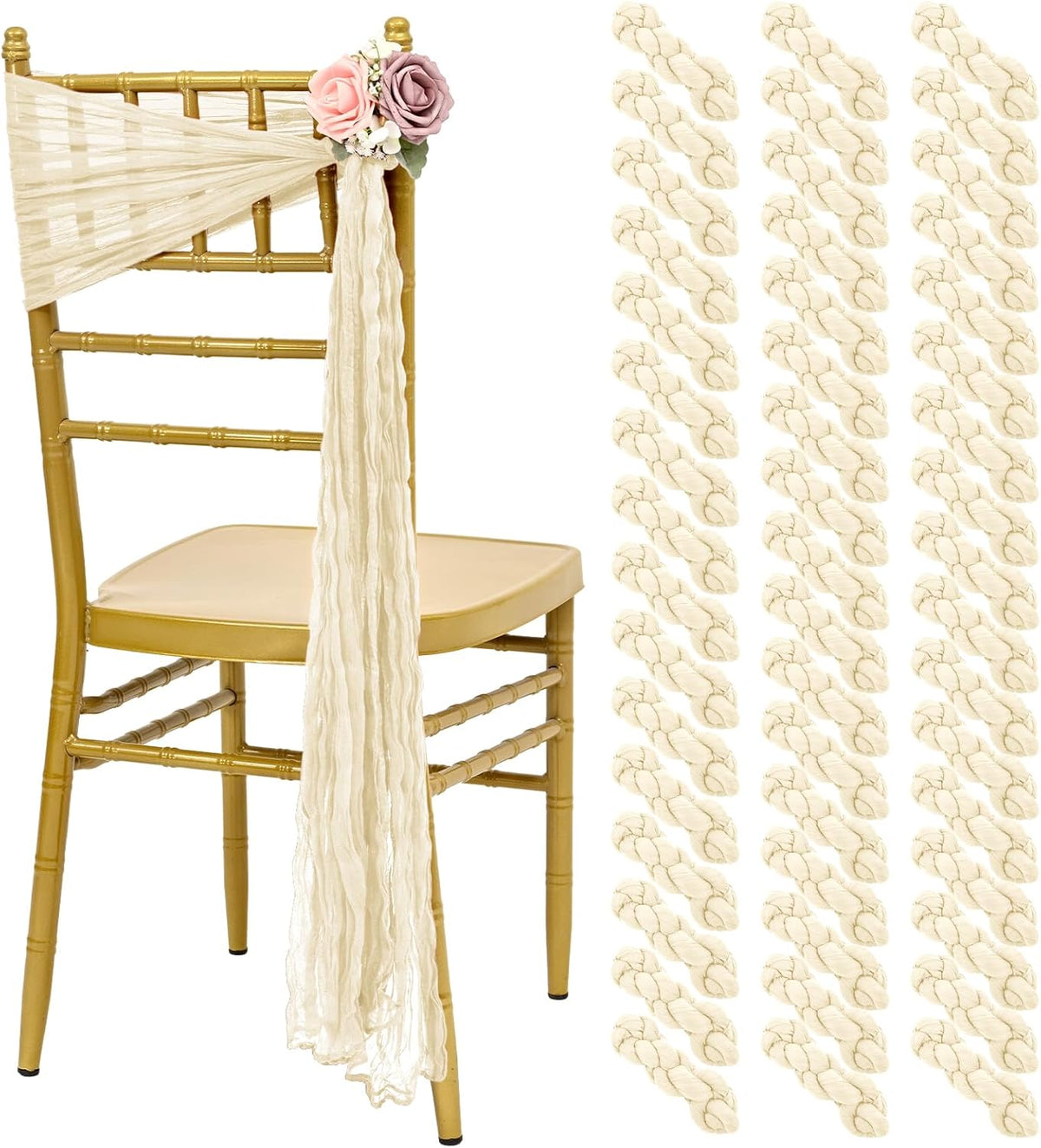 50 PCS Cheesecloth Chair Sashes, Bows Designed ChairSashes, 15.7x108 inch Chair Sashes for Aisle