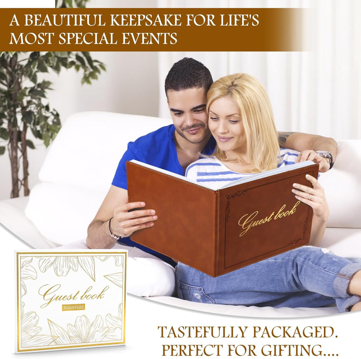 8x10 Leather Guest Book and Standup Sign Set, Gold Foiled Cover Registry Book for Wedding